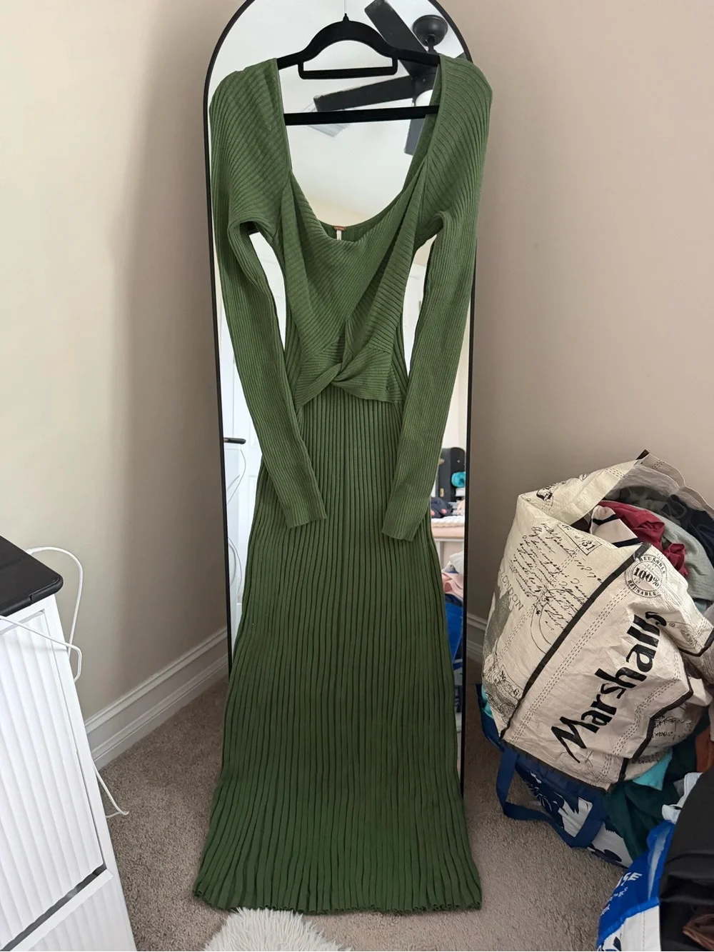 Free People Olive Green Long Sleeve Ribbed Twist-Front Maxi Dress